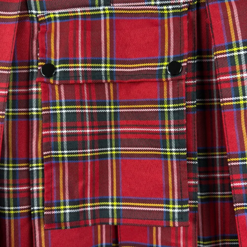 Red Plaid Utility Kilt-Style Mini Skirt, Belted + Snap Pockets, Large - Picture 3 of 9